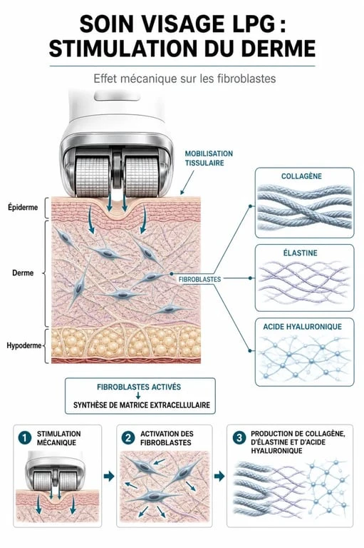Schéma explicatif du fonctionnement du soin visage LPG sur les fibroblastes pour la production de collagène