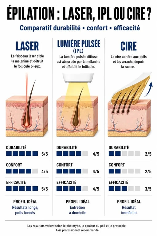 Infographie comparative des méthodes d'épilation : laser, lumière pulsée et cire pour une innovation épilation durable.