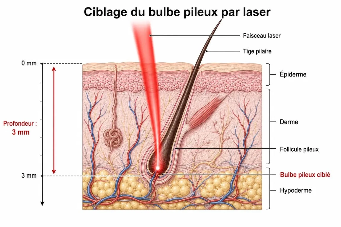 Schéma explicatif du fonctionnement de l'épilation laser et de sa profondeur d'action sur le bulbe pileux pour démontrer l'innocuité du traitement.