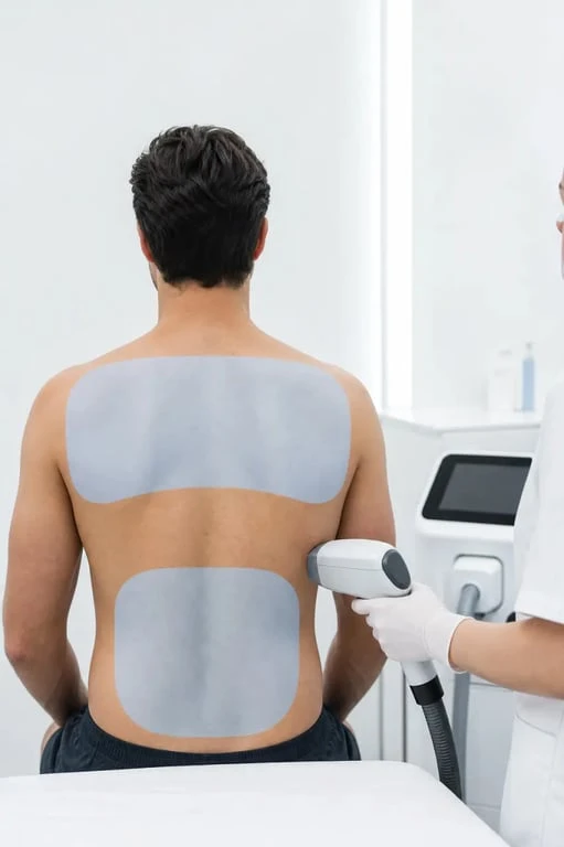 Illustration de l’épilation laser homme dos avec zones de traitement sur le dos masculin