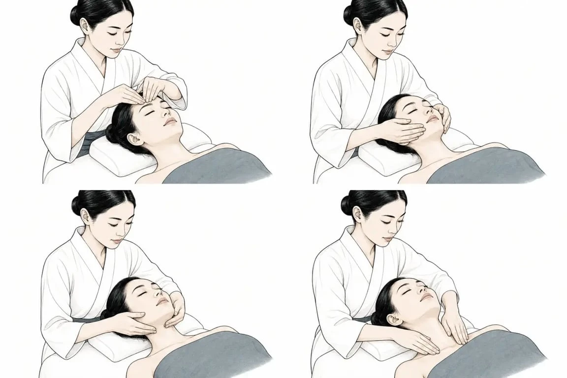 Soin du visage japonais Kobido : illustration éditoriale des gestes de massage sur le visage, le cou et la mâchoire