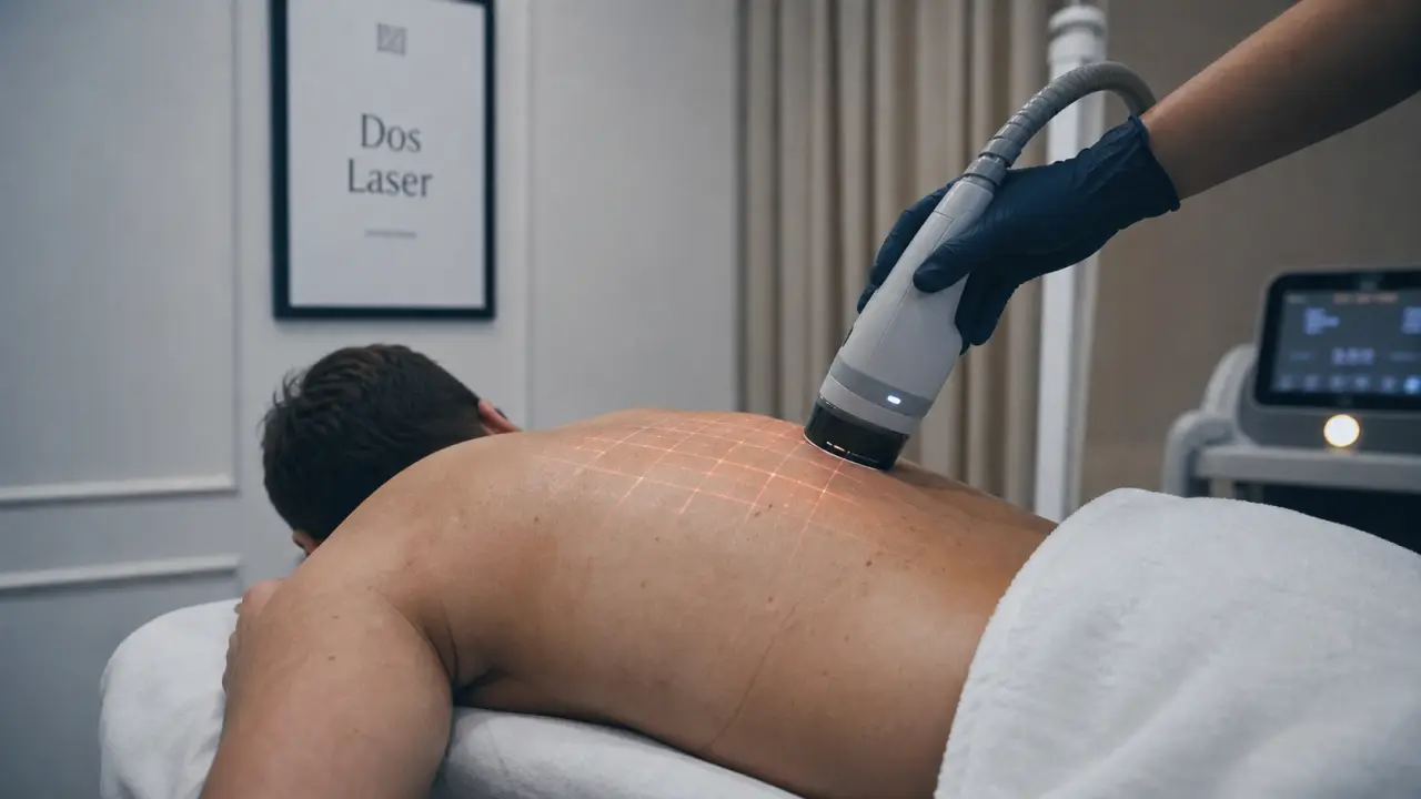Épilation laser homme dos en salon clinique, applicateur laser sur le dos