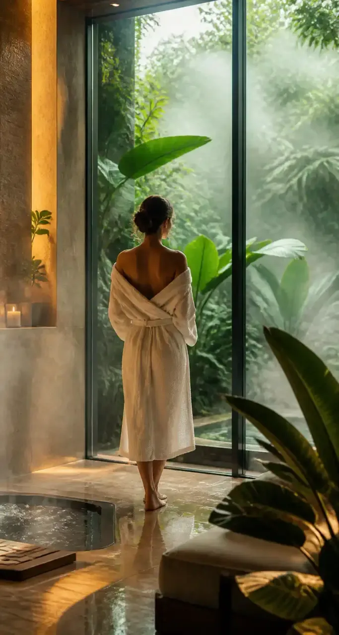 Femme en peignoir blanc détendue devant la baie vitrée d'un spa