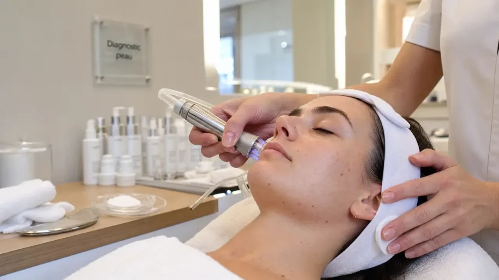 Hydrafacial dijon en institut : praticien avec appareil sur visage
