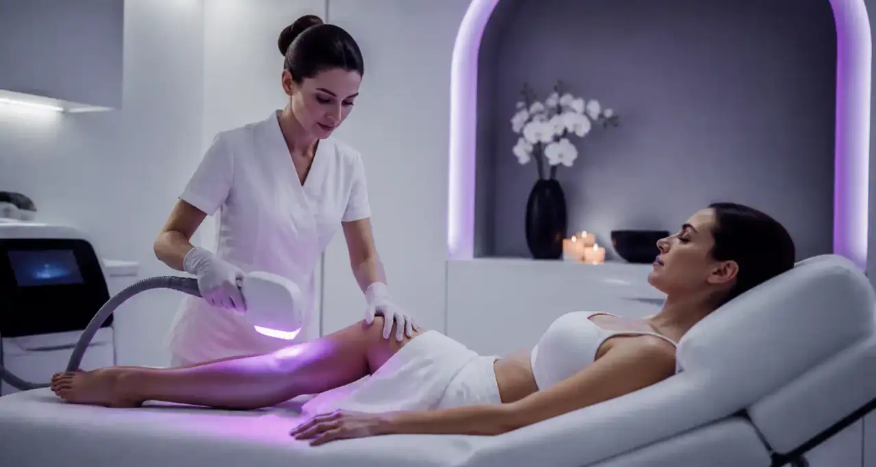 Praticienne réalisant une séance de lumière pulsée à la lueur pourpre dans une cabine high-tech d'institut de beauté