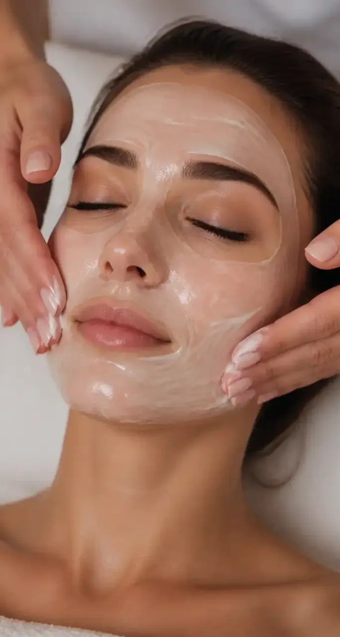 Application d'un masque de soin du visage en institut de beauté