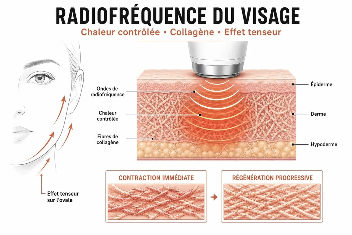 Schéma de radiofréquence visage montrant la chaleur contrôlée et la stimulation du collagène