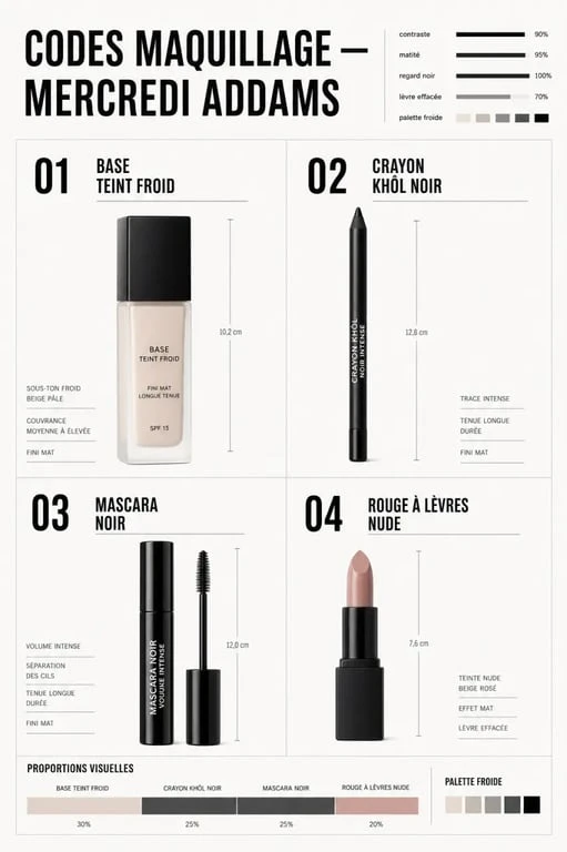Maquillage mercredi addams : codes essentiels du look avec teint froid, khôl noir et lèvres nude
