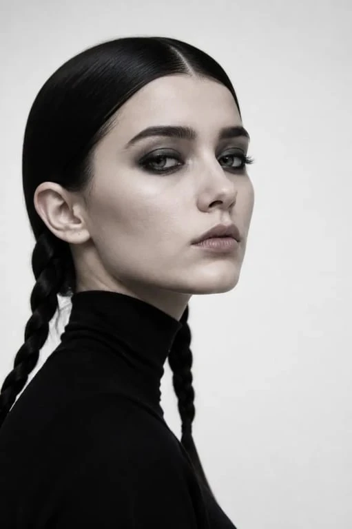 Maquillage mercredi addams en portrait éditorial avec teint pâle, regard charbonneux et lèvres nude