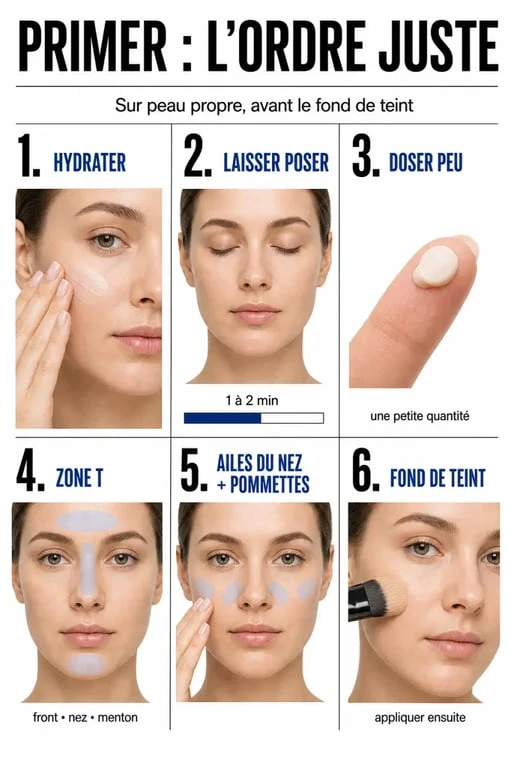 Application du primer maquillage en trois étapes avant le fond de teint