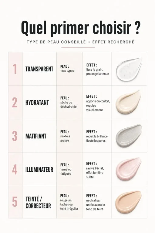 Comparatif primer maquillage : types de base de teint et usages selon la peau