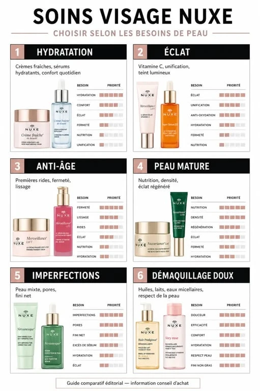 Infographie des soins visage NUXE pour choisir la bonne gamme selon le besoin de peau