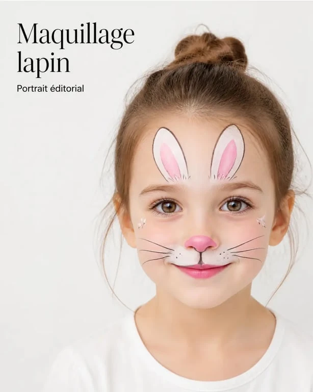 Maquillage lapin terminé sur le visage d’un enfant avec museau rose, moustaches et oreilles dessinées