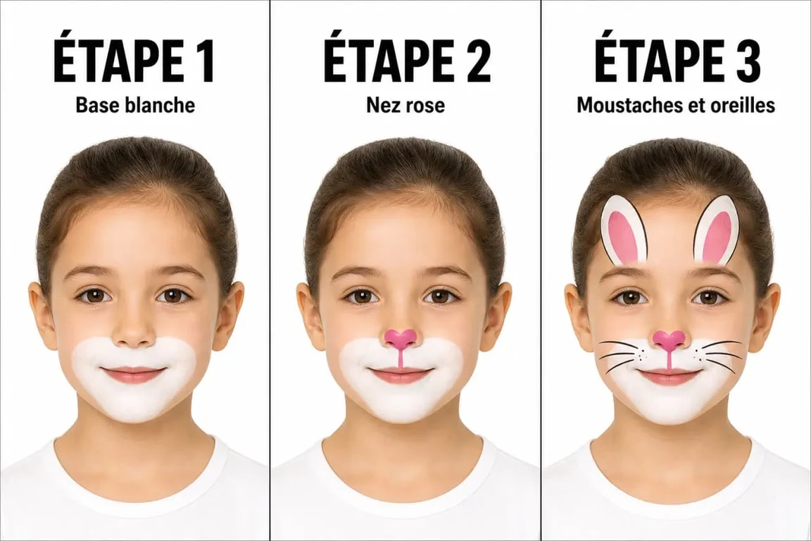 Tutoriel maquillage lapin : base blanche, museau rose et moustaches fines sur visage d’enfant