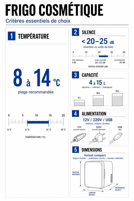 Frigo cosmétique : visuel comparatif des critères de choix avec température, bruit, capacité et alimentation