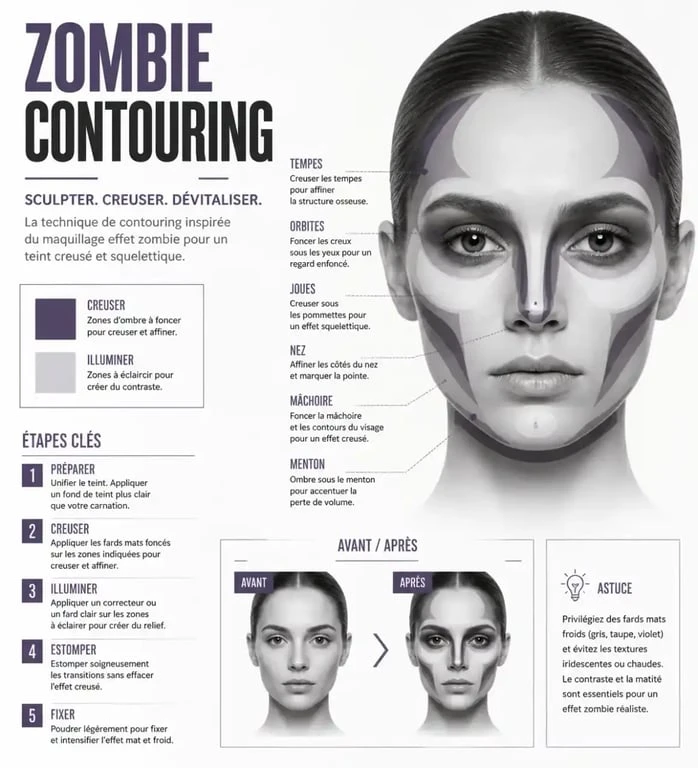 Technique de contouring pour maquillage pour zombie avec des tons sombres