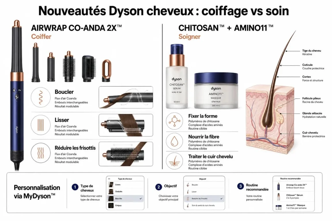 Nouveau soin des cheveux Dyson : comparaison des produits et usages principaux