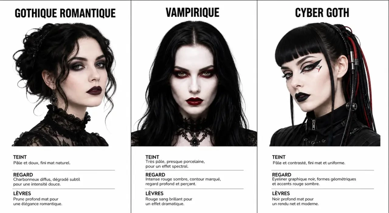 Variantes de maquillage gothique romantique, vampirique et cyber goth en comparaison