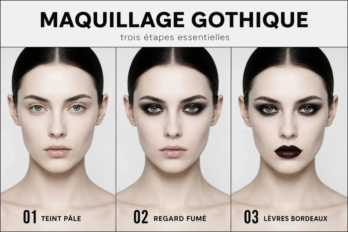 Maquillage gothique en trois étapes avec teint pâle, smoky eye noir et lèvres foncées