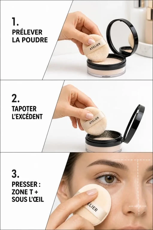 Houpette maquillage : application de la poudre en trois gestes précis