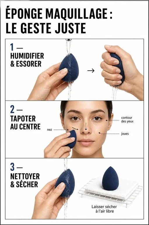 Éponge maquillage : humidifier, tapoter et nettoyer en trois étapes