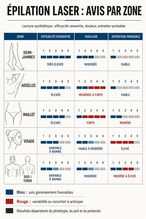 Avis épilation au laser : comparaison visuelle des résultats par zone, de la douleur et de l'entretien