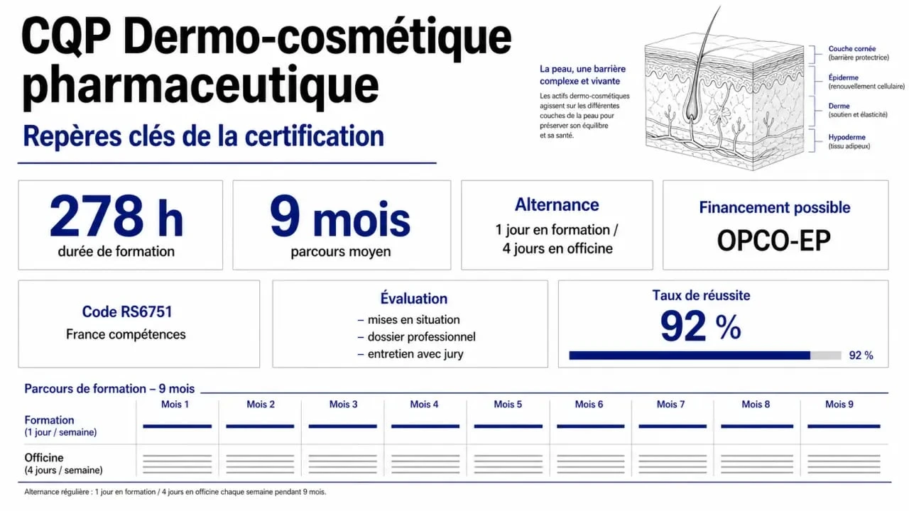 Infographie cqp dermo cosmétique avec durée, rythme, financement OPCO-EP, RS6751 et évaluation