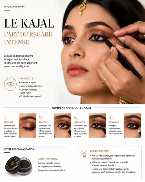 Maquillage indien traditionnel avec kajal et fards dorés