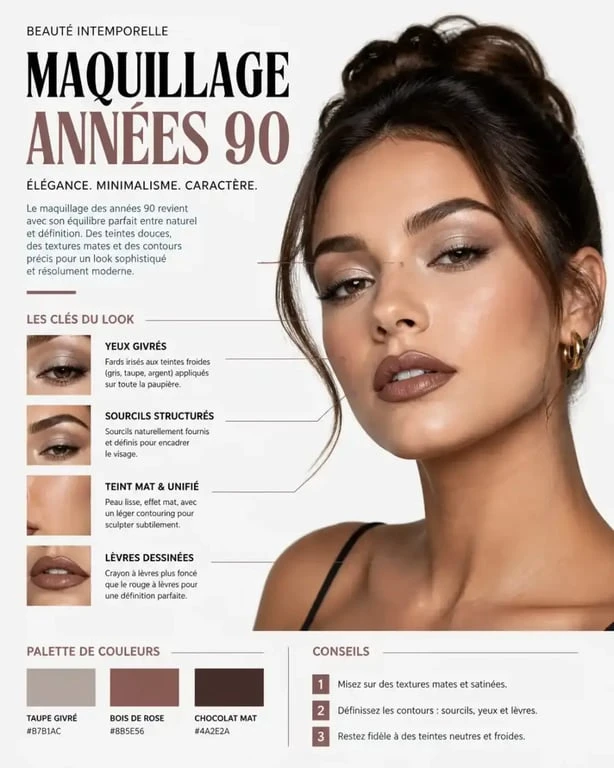 Maquillage année 90 modernisé avec teint mat et lèvres définies
