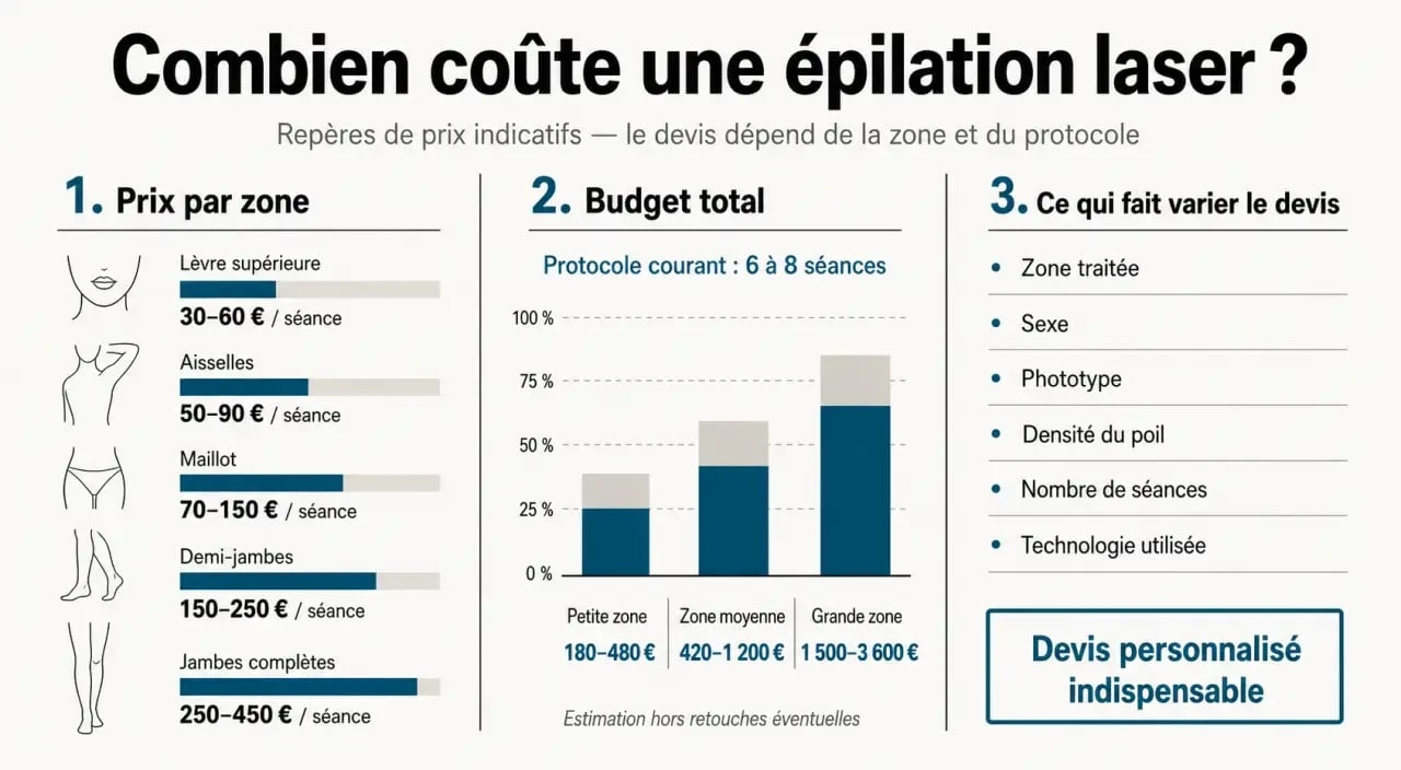 Combien coûte une épilation laser : visuel comparatif des prix par zone et du budget total