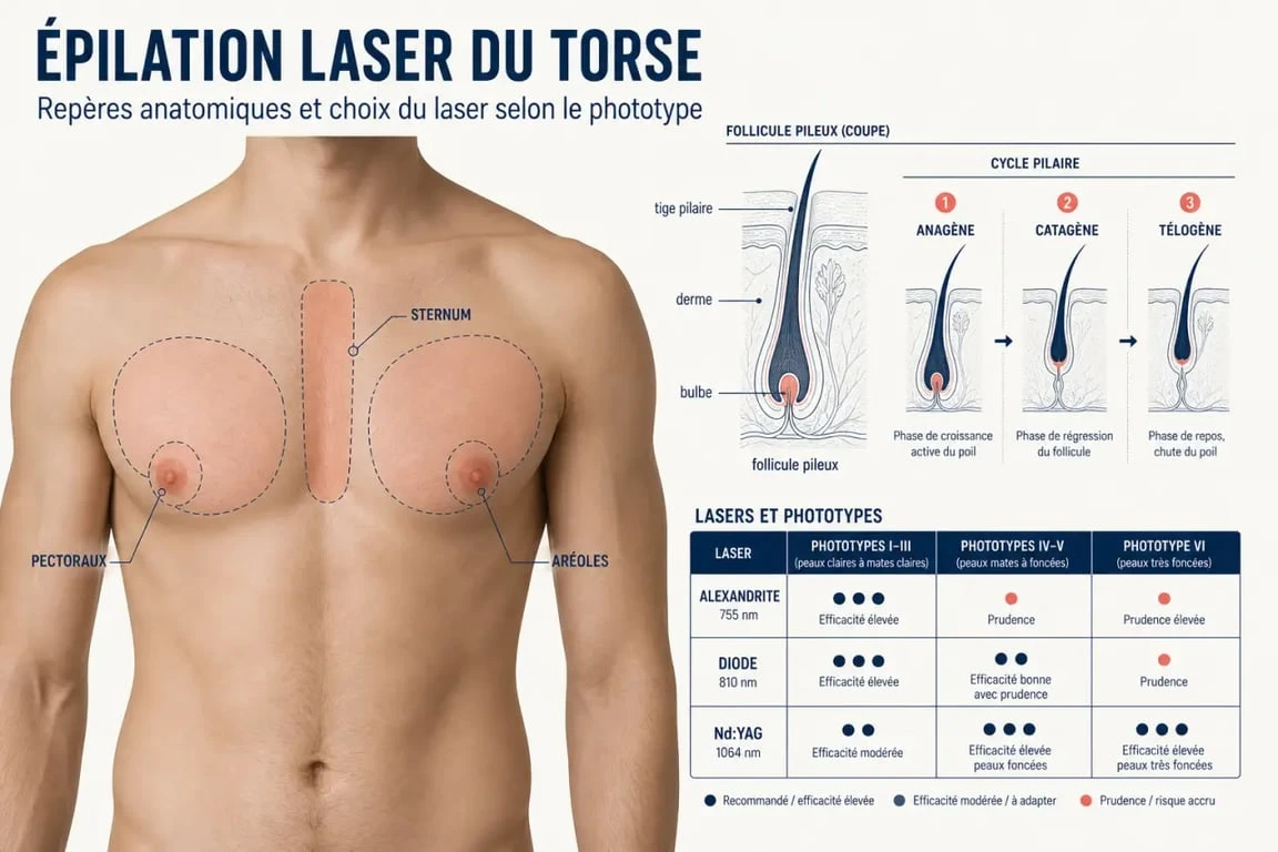 Schéma d’épilation torse homme laser avec zones du torse, follicule pileux et comparaison des lasers