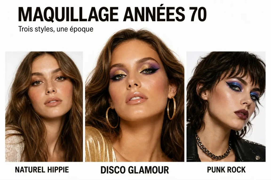 Maquillage année 70 : trois styles visuels entre naturel hippie, disco glamour et punk rock