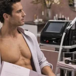 Épilation torse homme laser en cabinet dermo-esthétique, lunettes de protection et réglages peau