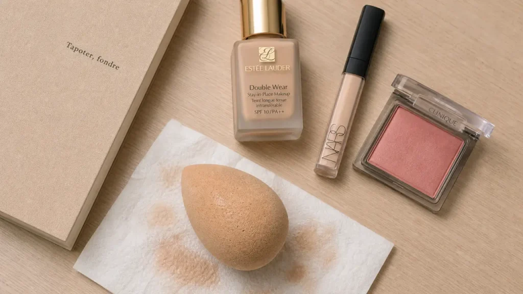 Éponge maquillage humidifiée, forme pointue, sur fond de teint