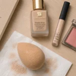 Éponge maquillage humidifiée, forme pointue, sur fond de teint
