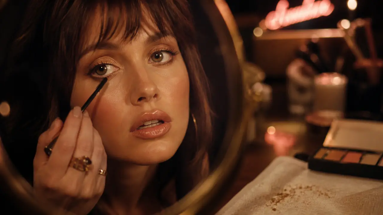 Maquillage année 70 : yeux irisés dorés, teint lumineux, gloss pêche