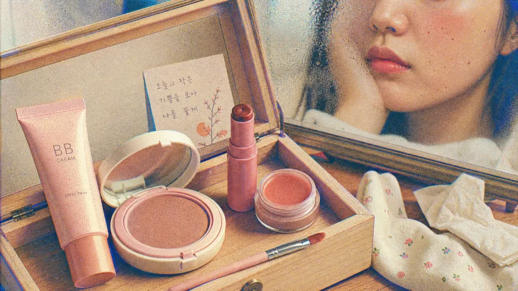 Maquillage coréen glowy : produits K-beauty sur trousse en bois clair