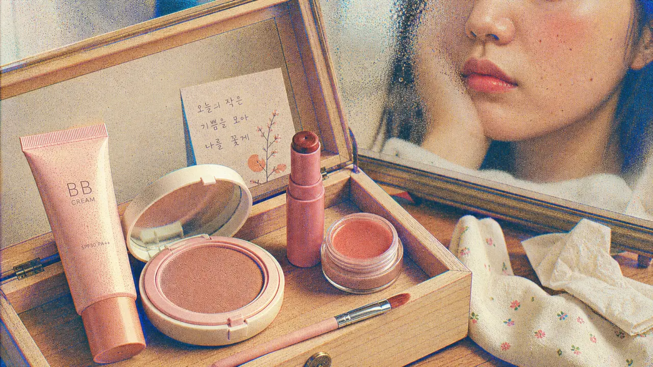Maquillage coréen glowy : produits K-beauty sur trousse en bois clair