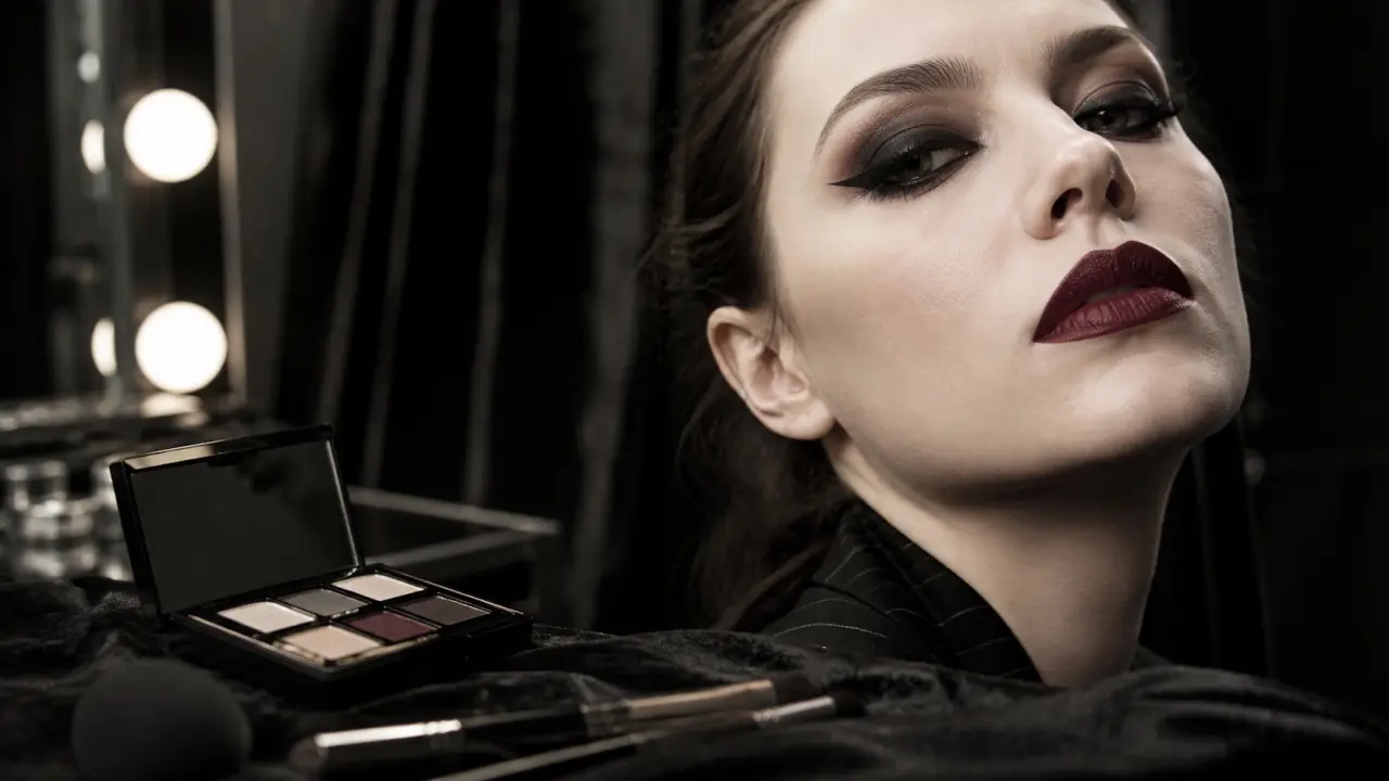 Maquillage gothique : smoky eye noir et lèvres bordeaux sur teint pâle