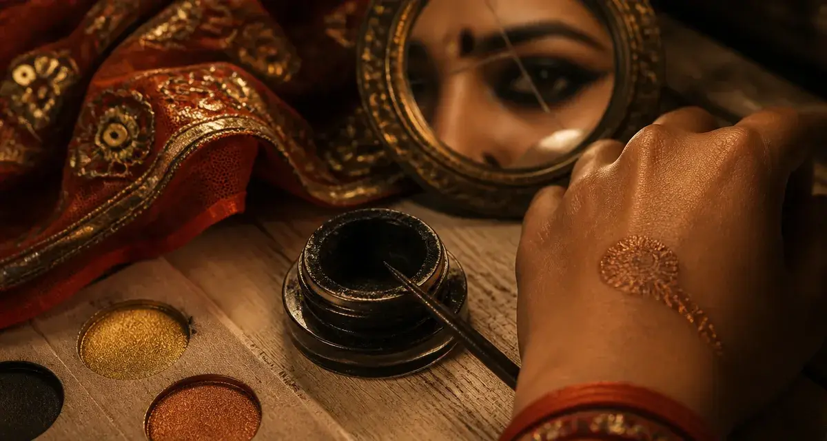 Maquillage indien traditionnel, kajal noir et fards doré-cuivré