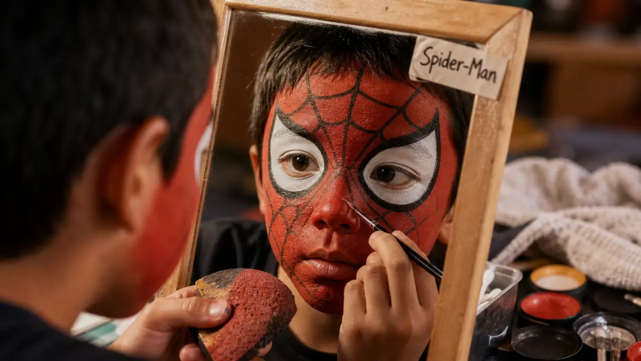 Maquillage spiderman enfant rouge et toile noire, proche visage