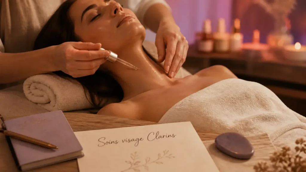 Soin visage clarins : esthéticienne applique un sérum, modèle de soins 15 30 60 90 min