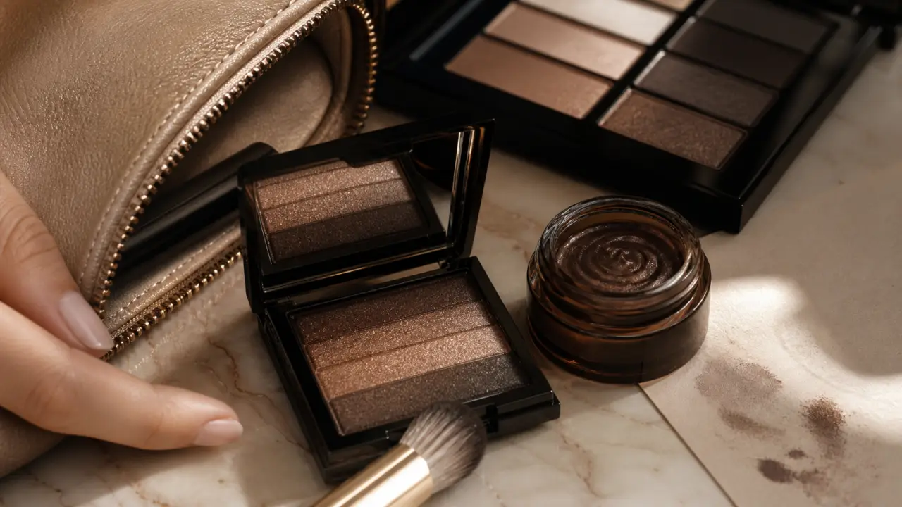victoria beckham maquillage : smoky eye brick et trousse cuir sable
