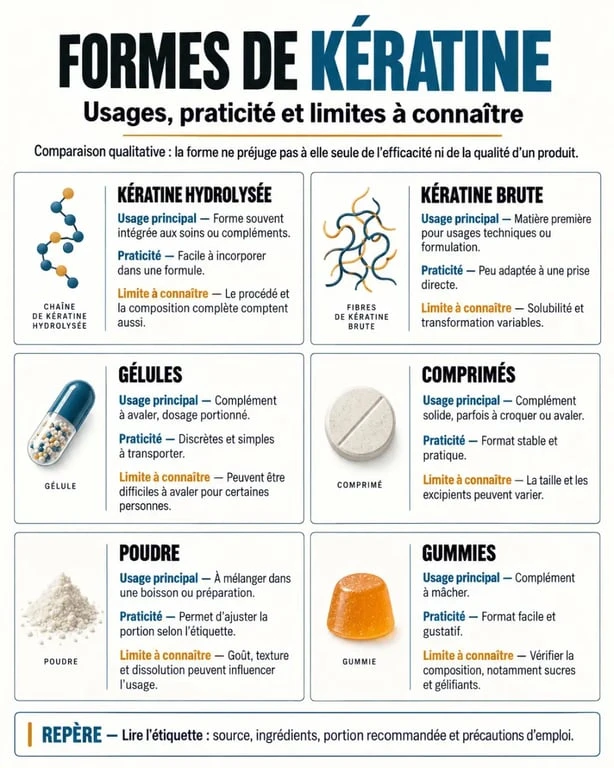 Comparaison des formes de complément alimentaire de kératine hydrolysée, brute, en gélules, poudre ou gummies