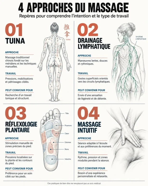 Infographie comparative du massage Tuina et des autres techniques de massage