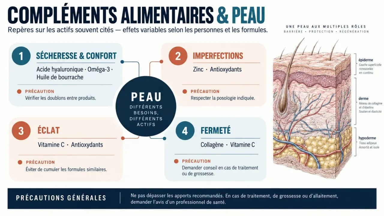 Complément alimentaire peau : actifs selon le besoin, objectifs et précautions