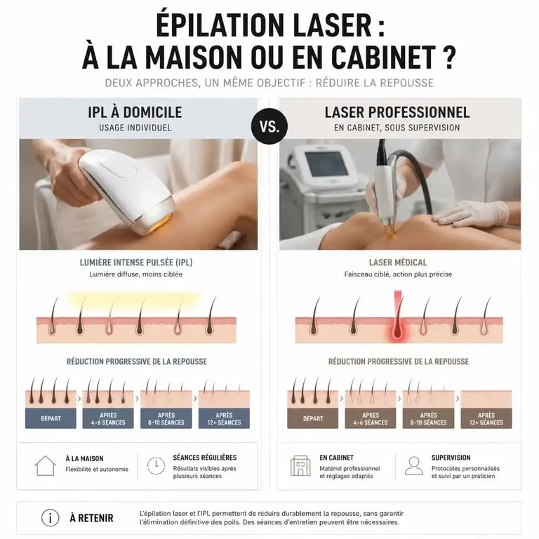 Comparaison entre épilation laser à la maison par IPL et laser professionnel en cabinet