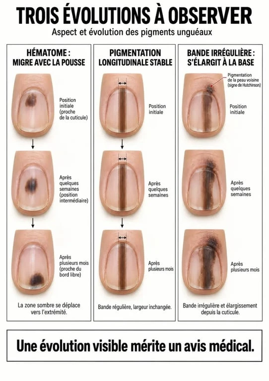 Infographie médicale expliquant les ongles traits noirs, l’évolution d’un hématome et les signes d’alerte d’une bande pigmentée