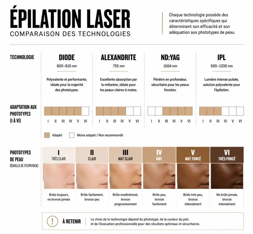 Comparatif des technologies de machine épilation laser : Diode, Alexandrite, Nd:YAG et IPL