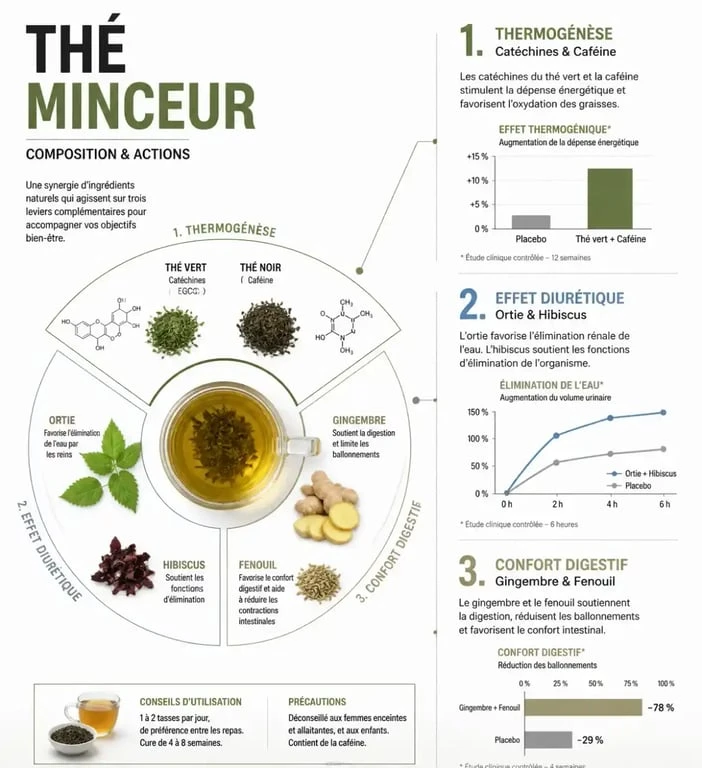 Infographie sur les mécanismes du thé minceur et ses effets sur le métabolisme
